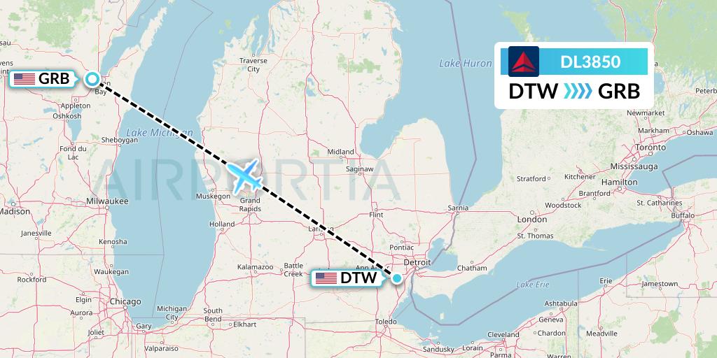 DL3850 Delta Air Lines Flight Map: Detroit to Green Bay