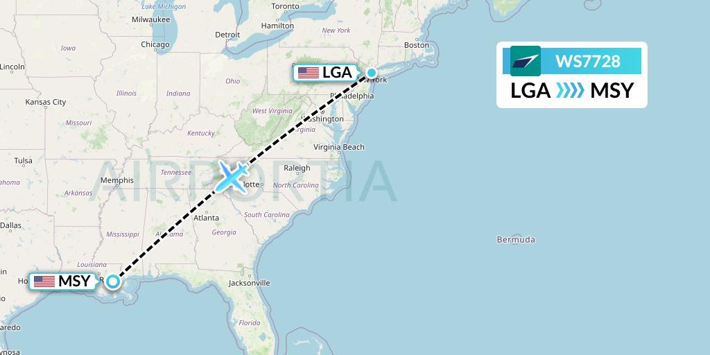 WS7728 WestJet Flight Map: New York to New Orleans