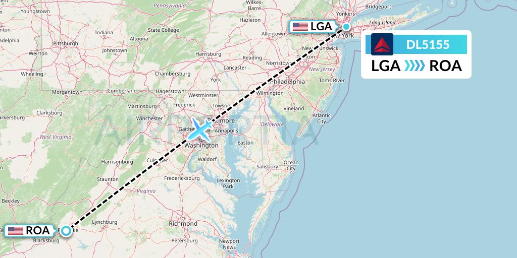 DL5155 Delta Air Lines Flight Map: New York to Roanoke