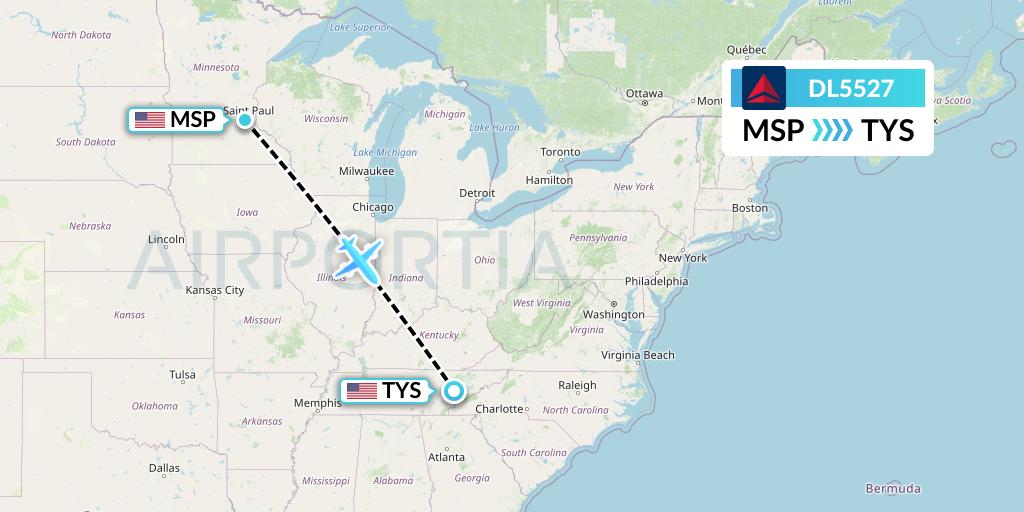 DL5527 Delta Air Lines Flight Map: Minneapolis to Knoxville