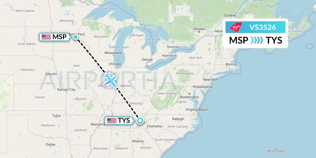 VS3526 Virgin Atlantic Airways Flight Map: Minneapolis to Knoxville