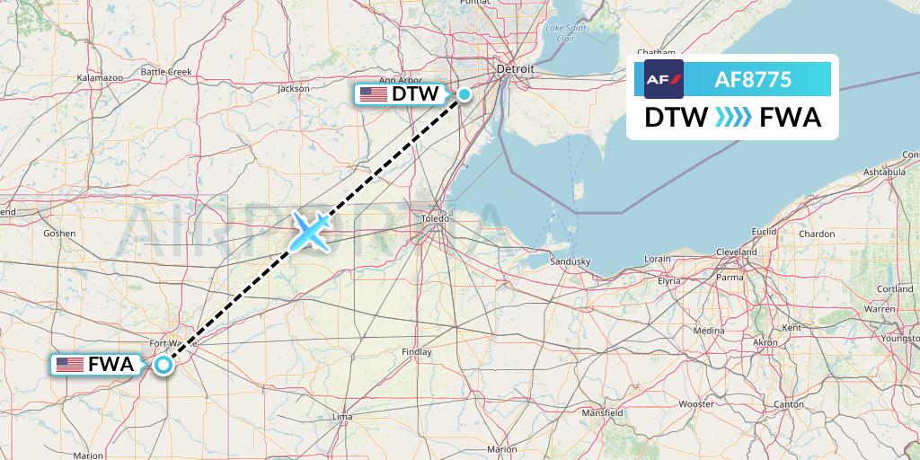 AF8775 Air France Flight Map: Detroit to Fort Wayne