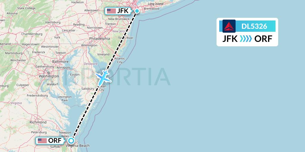 DL5326 Delta Air Lines Flight Map: New York to Norfolk