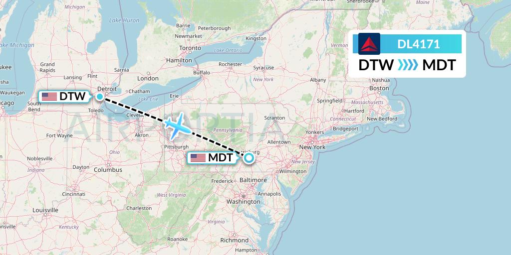 DL4171 Delta Air Lines Flight Map: Detroit to Harrisburg