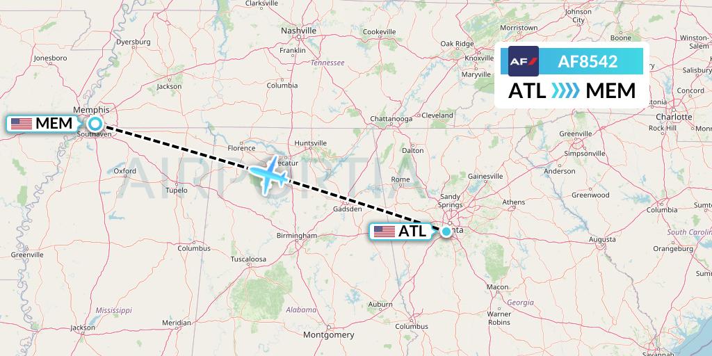 AF8542 Air France Flight Map: Atlanta to Memphis