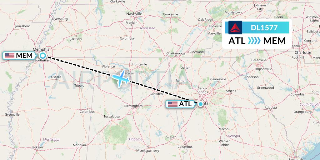 DL1577 Delta Air Lines Flight Map: Atlanta to Memphis