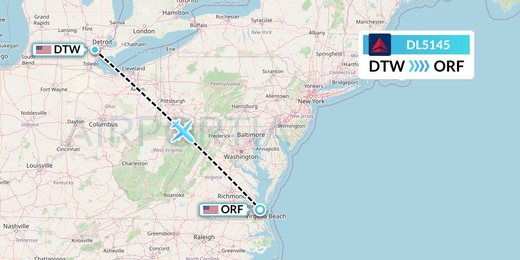 DL5145 Delta Air Lines Flight Map: Detroit to Norfolk