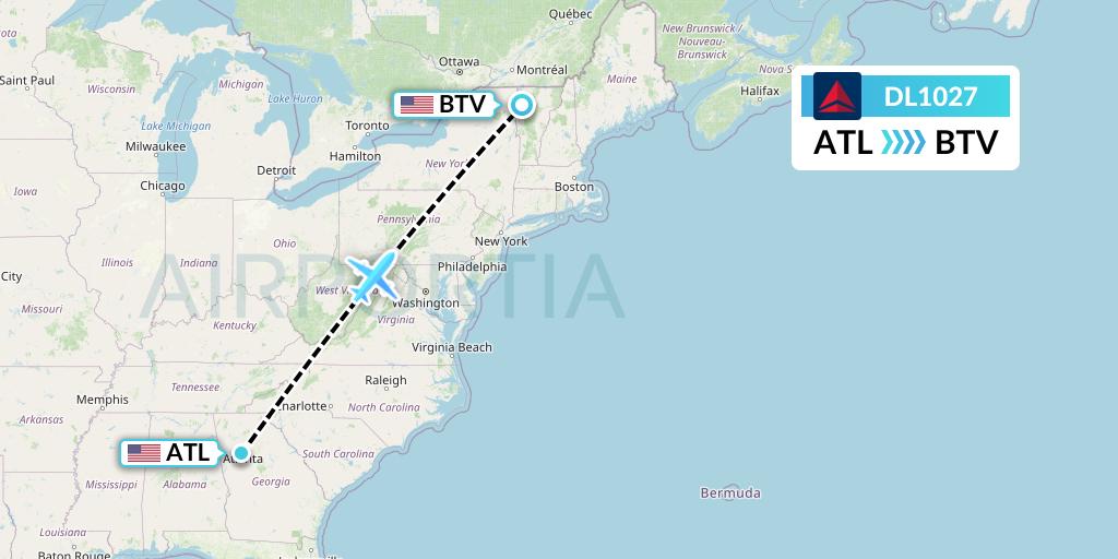 DL1027 Delta Air Lines Flight Map: Atlanta to Burlington
