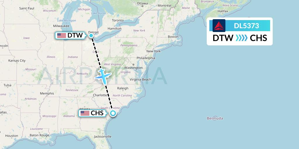 DL5373 Delta Air Lines Flight Map: Detroit to Charleston
