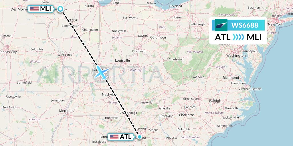 WS6688 WestJet Flight Map: Atlanta to Moline