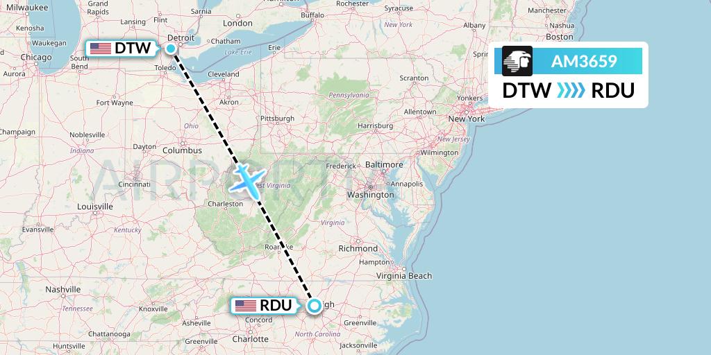 AM3659 Aeromexico Flight Map: Detroit to Raleigh-Durham