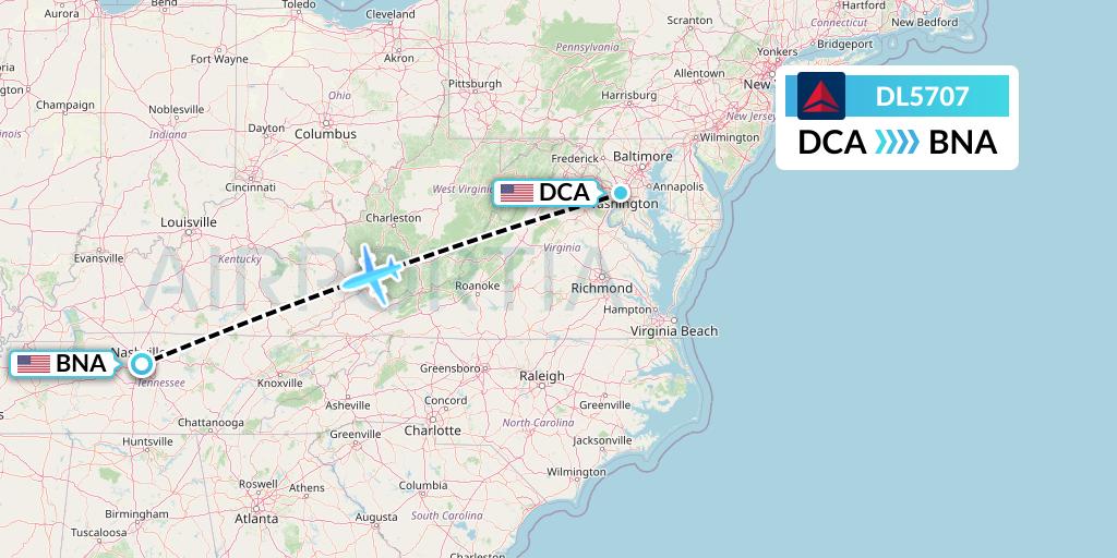 DL5707 Delta Air Lines Flight Map: Washington to Nashville