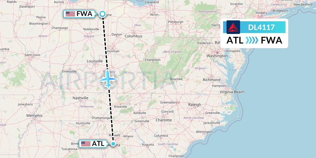 DL4117 Delta Air Lines Flight Map: Atlanta to Fort Wayne