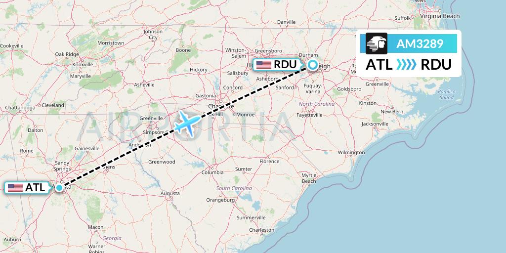 AM3289 Aeromexico Flight Map: Atlanta to Raleigh-Durham