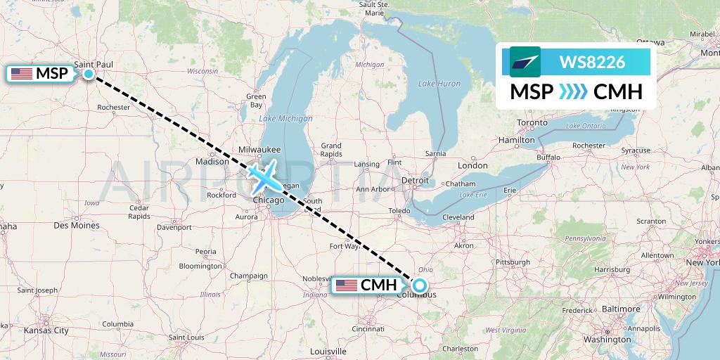 WS8226 WestJet Flight Map: Minneapolis to Columbus