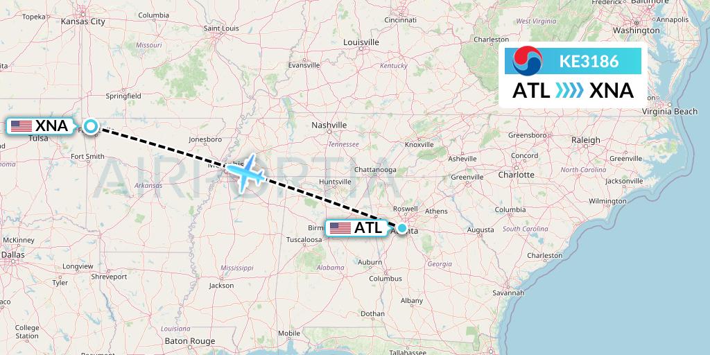 KE3186 Korean Air Flight Map: Atlanta to Bentonville