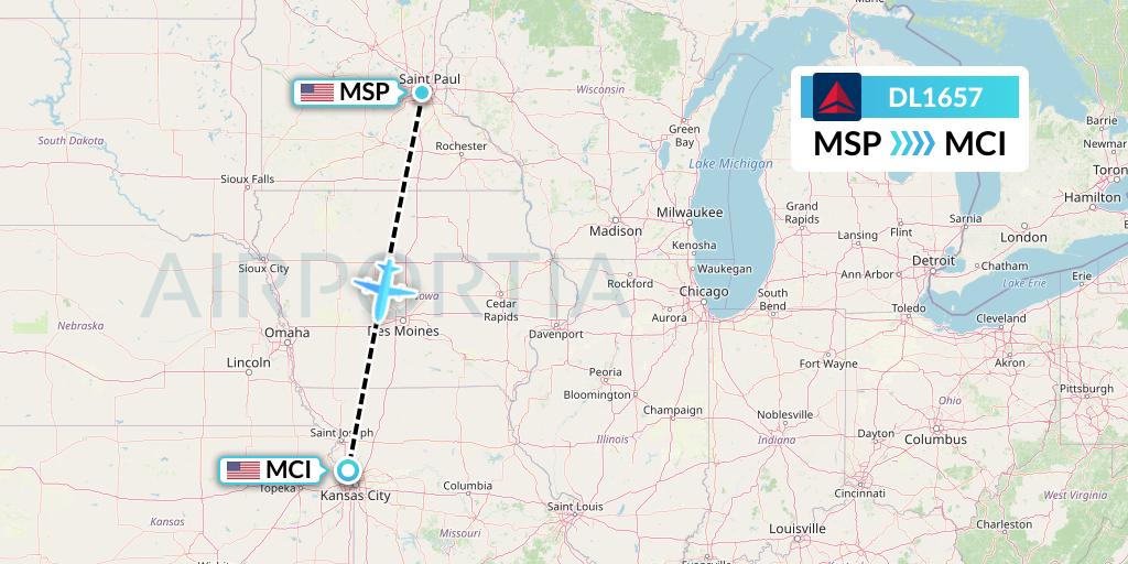 DL1657 Delta Air Lines Flight Map: Minneapolis to Kansas City