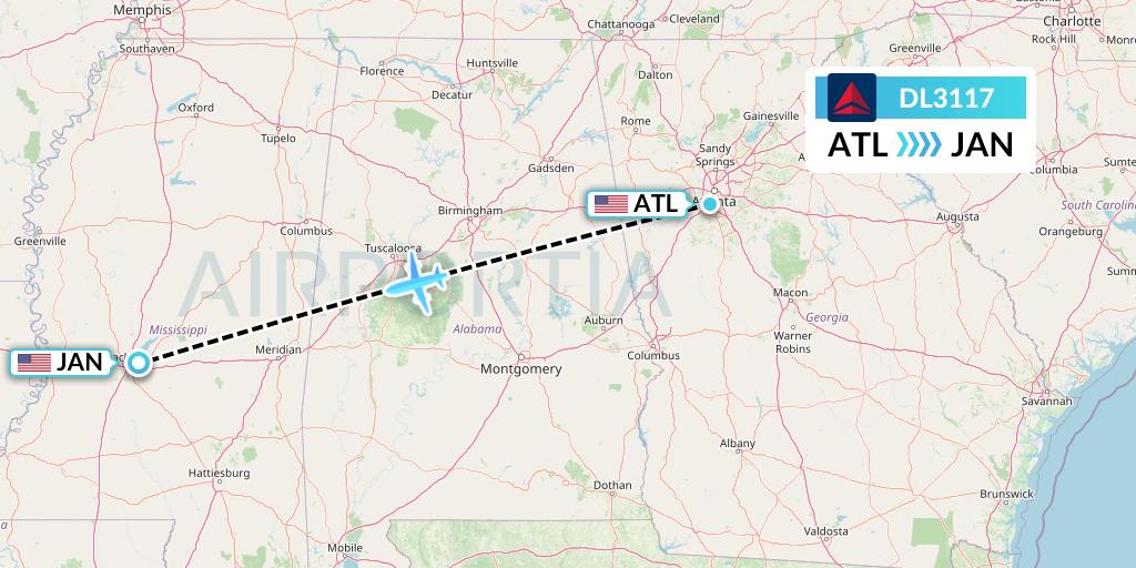 DL3117 Delta Air Lines Flight Map: Atlanta to Jackson