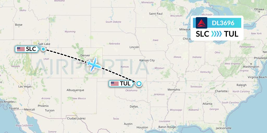 DL3696 Delta Air Lines Flight Map: Salt Lake City to Tulsa