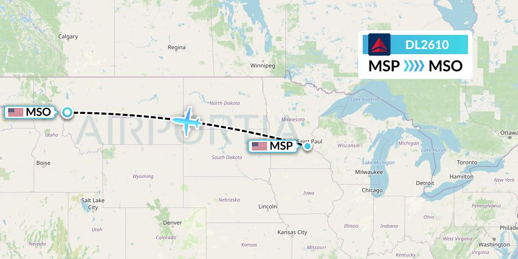 DL2610 Delta Air Lines Flight Map: Minneapolis to Missoula