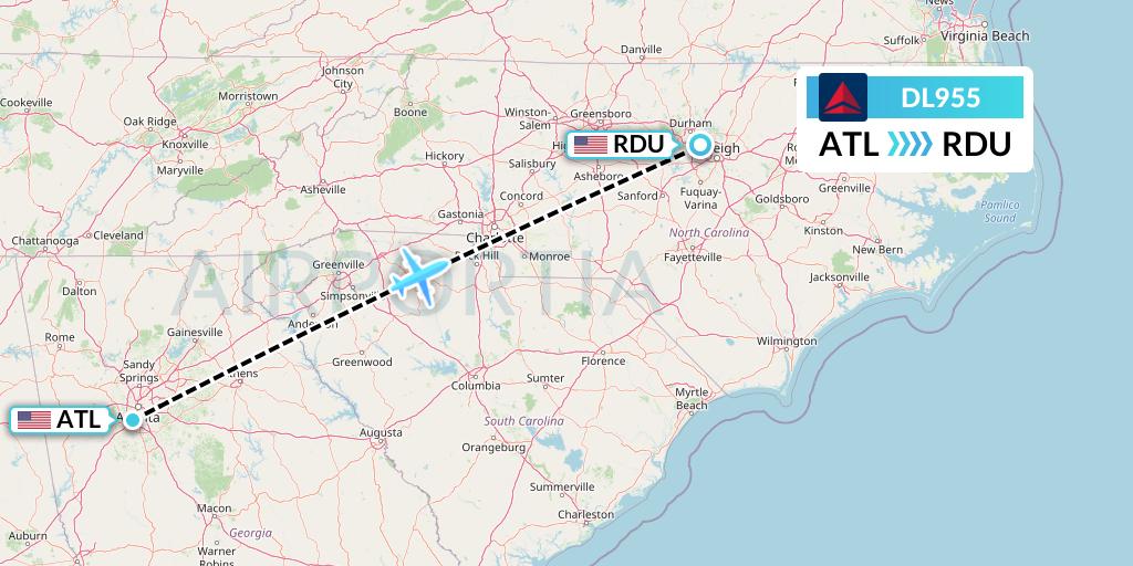 DL955 Delta Air Lines Flight Map: Atlanta to Raleigh-Durham
