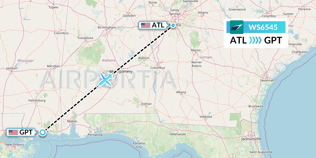 WS6545 WestJet Flight Map: Atlanta to Gulfport