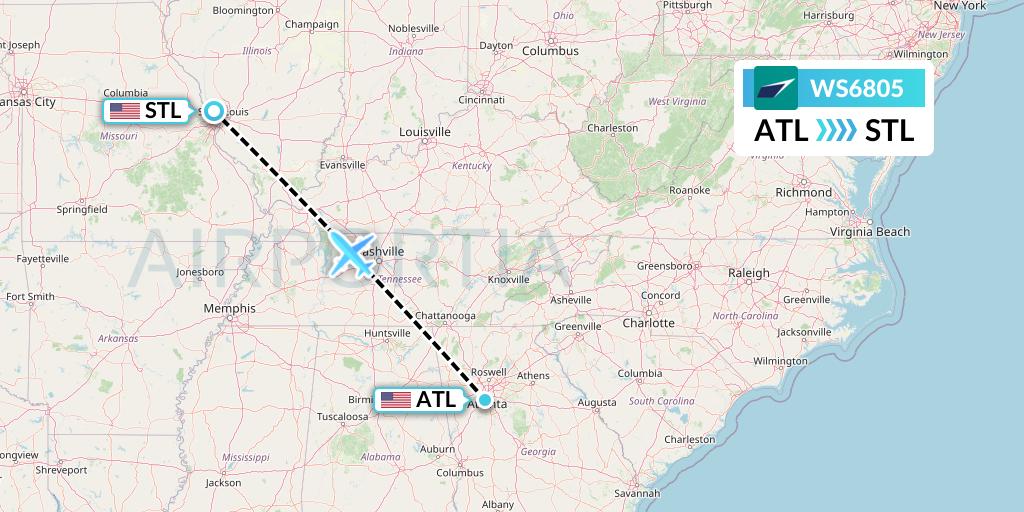 WS6805 WestJet Flight Map: Atlanta to St. Louis