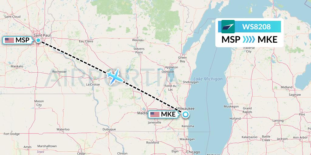 WS8208 WestJet Flight Map: Minneapolis to Milwaukee