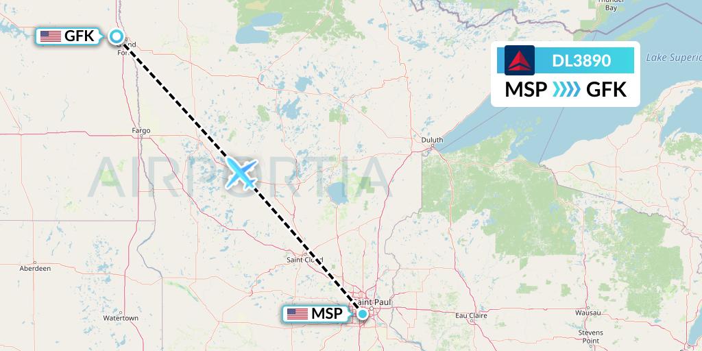 DL3890 Delta Air Lines Flight Map: Minneapolis to Grand Forks