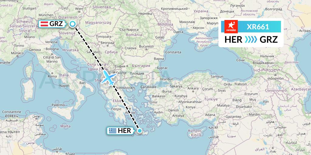 XR661 Corendon Airlines Europe Flight Map: Heraklion to Graz