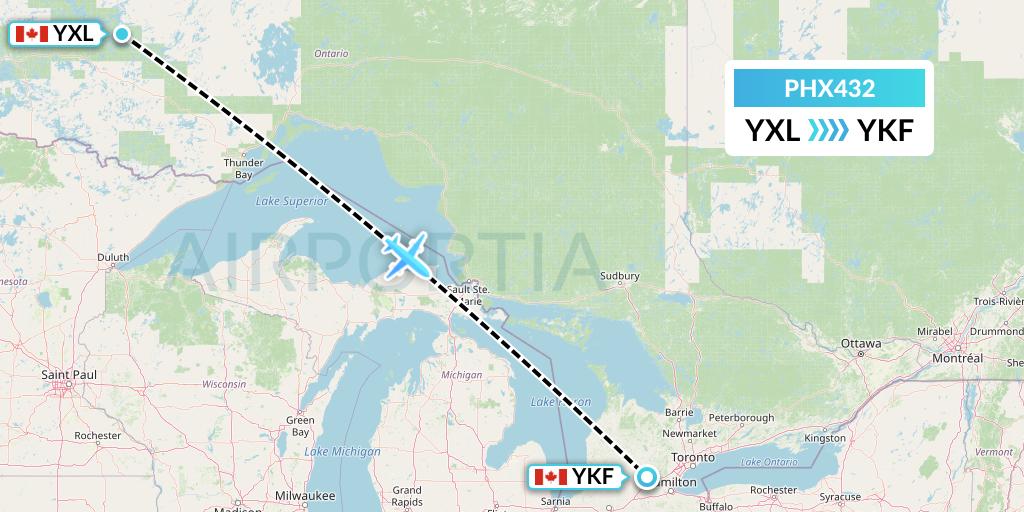 PHX432 SkyCare Flight Map: Sioux Lookout to Waterloo