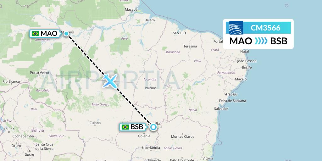 CM3566 Copa Airlines Flight Map: Manaus to Brasilia