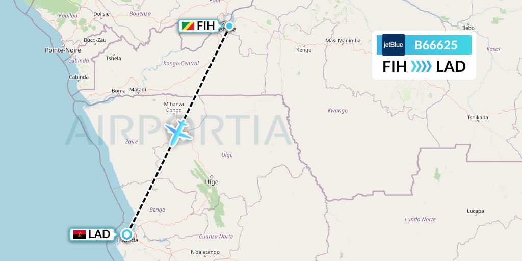 B66625 JetBlue Airways Flight Map: Kinshasa to Luanda