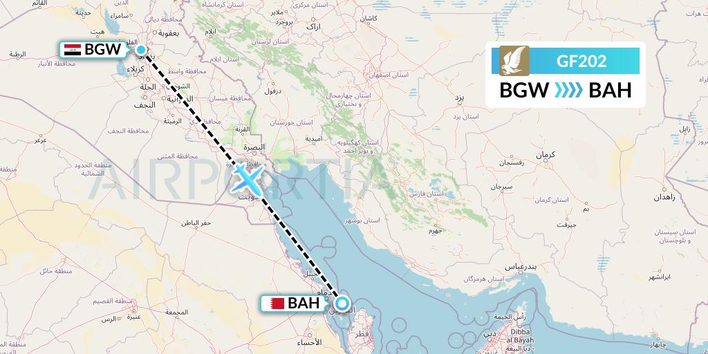 GF202 Gulf Air Flight Map: Baghdad to Bahrain