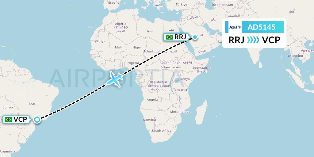 AD5145 Azul Brazilian Airlines Flight Map: Rio de Janeiro to Campinas