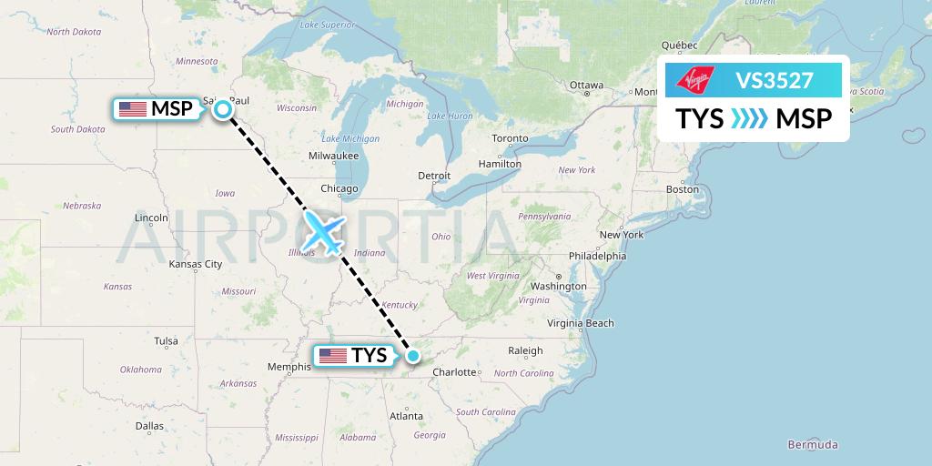 VS3527 Virgin Atlantic Airways Flight Map: Knoxville to Minneapolis