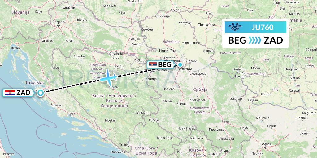 JU760 AirSERBIA Flight Map: Belgrade to Zadar