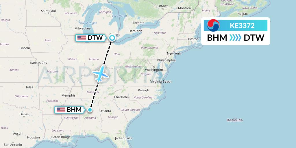 KE3372 Korean Air Flight Map: Birmingham to Detroit