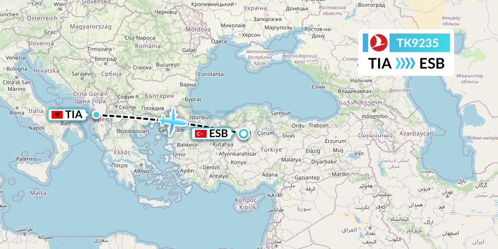 TK9235 Turkish Airlines Flight Map: Tirana to Ankara