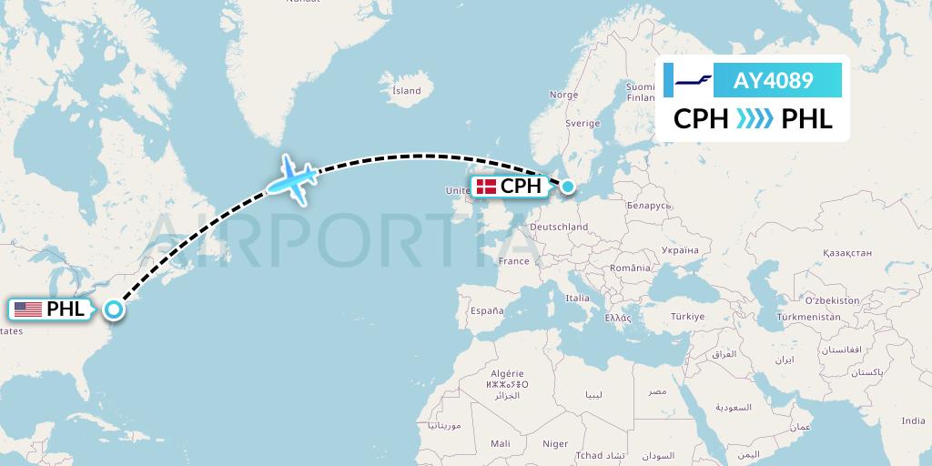 AY4089 Finnair Flight Map: Copenhagen to Philadelphia