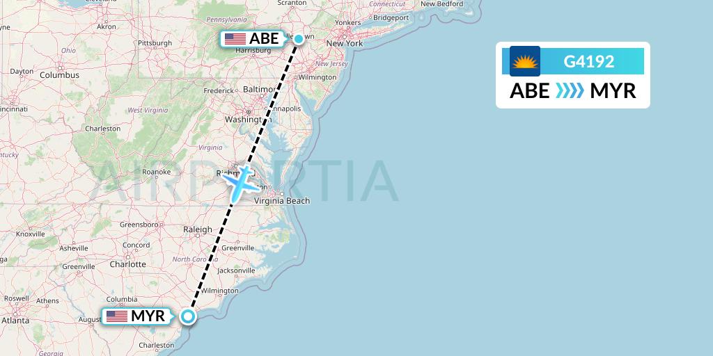 G4192 Allegiant Air Flight Map: Allentown to Myrtle Beach