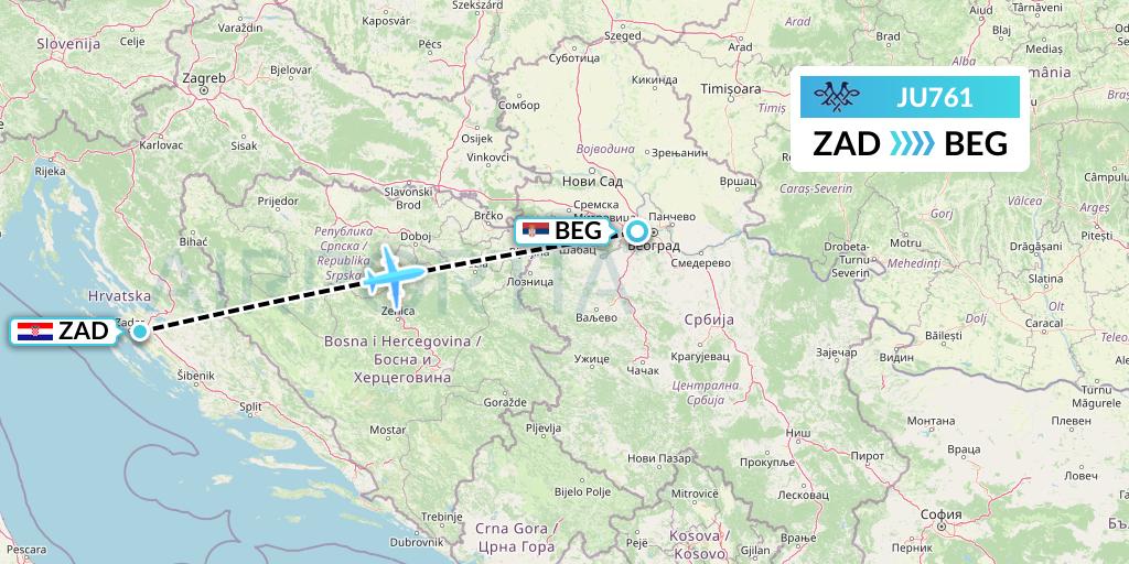 JU761 AirSERBIA Flight Map: Zadar to Belgrade