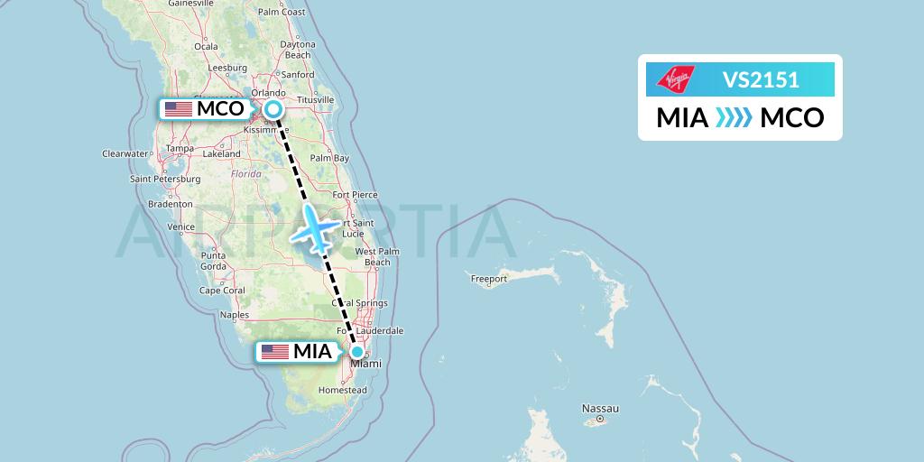 VS2151 Virgin Atlantic Airways Flight Map: Miami to Orlando
