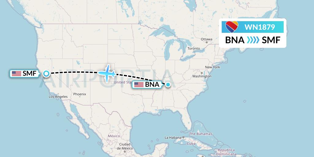 WN1879 Southwest Airlines Flight Map: Nashville to Sacramento