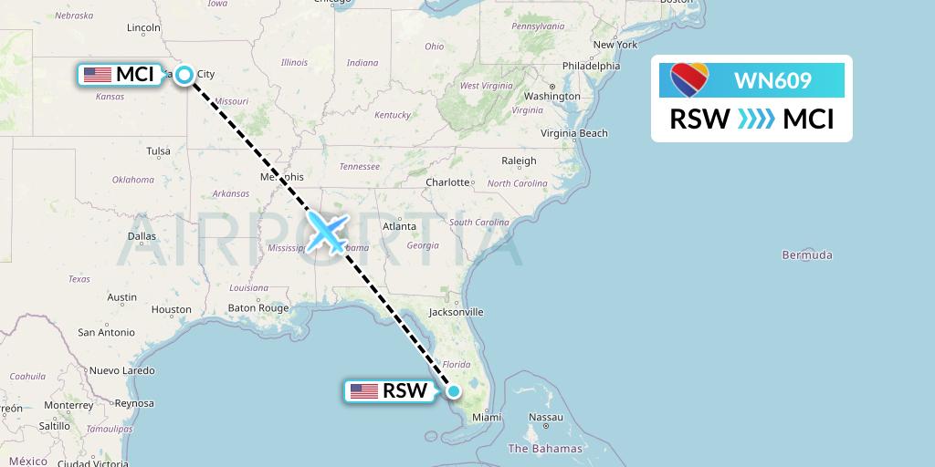 WN609 Southwest Airlines Flight Map: Fort Myers to Kansas City