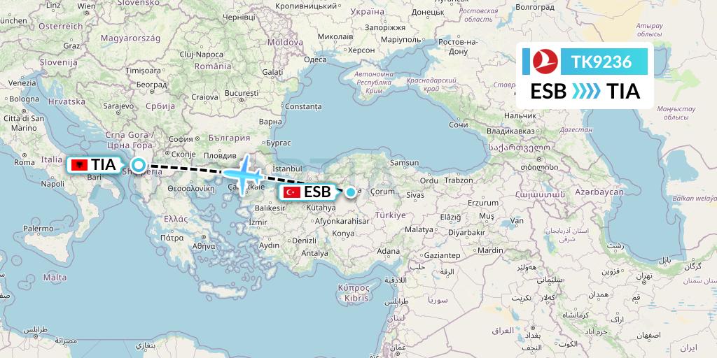 TK9236 Turkish Airlines Flight Map: Ankara to Tirana