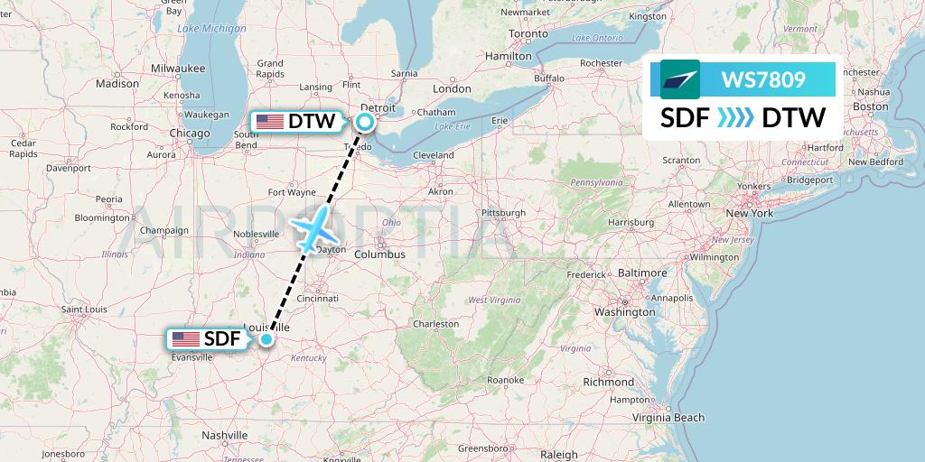 WS7809 WestJet Flight Map: Louisville to Detroit
