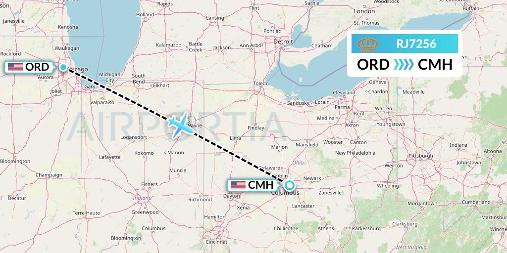 RJ7256 Royal Jordanian Flight Map: Chicago to Columbus