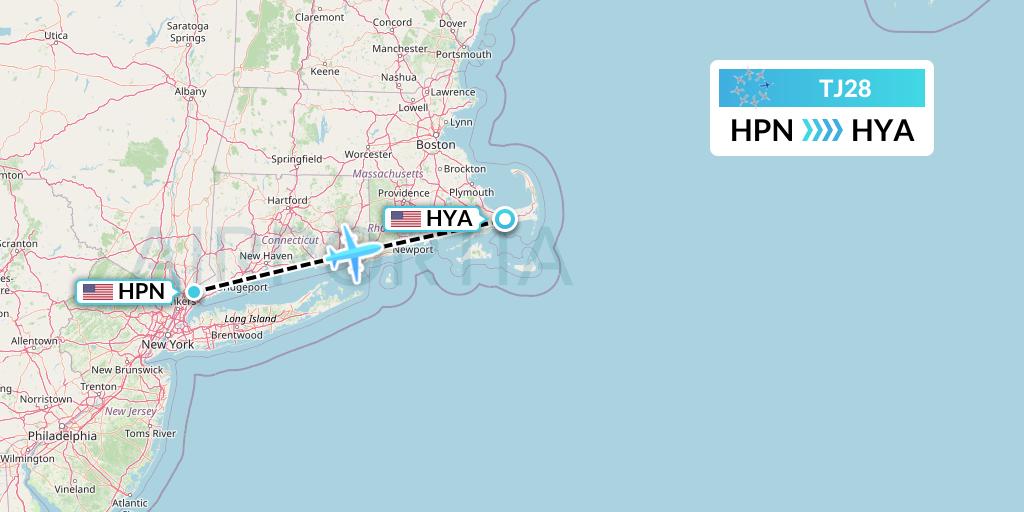 TJ28 Tradewind Aviation Flight Map: White Plains to Hyannis