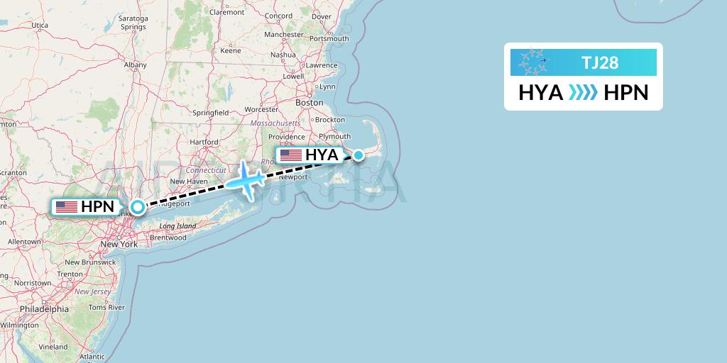 TJ28 Tradewind Aviation Flight Map: Hyannis to White Plains